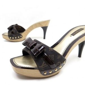 LOUIS VUITTON SANDALS BLACK MULES SLIDES LEATHER MONOGRAM